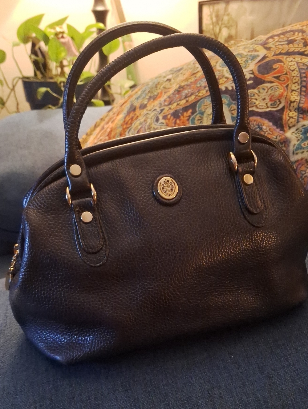 Vintage Liz Claiborne Navy Pebbled Leather Satchel with Gold Accents